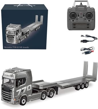 Quibuilds 770S 1/18 Maßstab 6x4 2.4GHz RC Fernlenkung LKW Sattelzug Modell mit Flachbettanhänger, Licht & Sound, Ferngesteuerter Schwerlast Transporter für Erwachsene – Silber