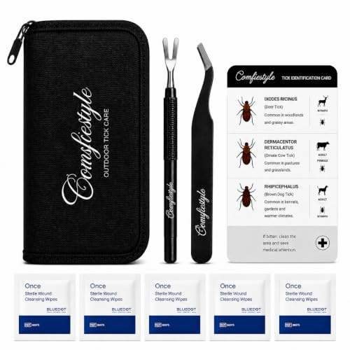 Comfiestyle Tick Remover Kit for Dogs, Cats & Humans – Stainless Steel Tick Removal Hook, Precision Tweezers, Tick Identification Card, 5 Sterile Wipes, Portable Carry Case for Pets, Hiking & Camping