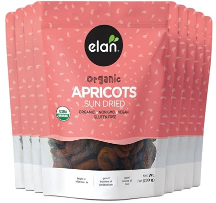 Elan Organic Sun-Dried Apricots, Dried Fruits, No Sulphites, No Sugar Added, Non-GMO, Vegan, Gluten-Free, Kosher, Naturally Sweet Snacks, Turkish Apricots, 8 pack of 7 oz