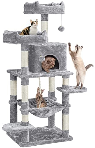 Yaheetech Kratzbaum 150 cm Katzenkratzbaum mit 2 Kuscheligen Aussichtsplattformen Sisal Katzenmöbel Kletterbaum für große Katzen, Hellgrau