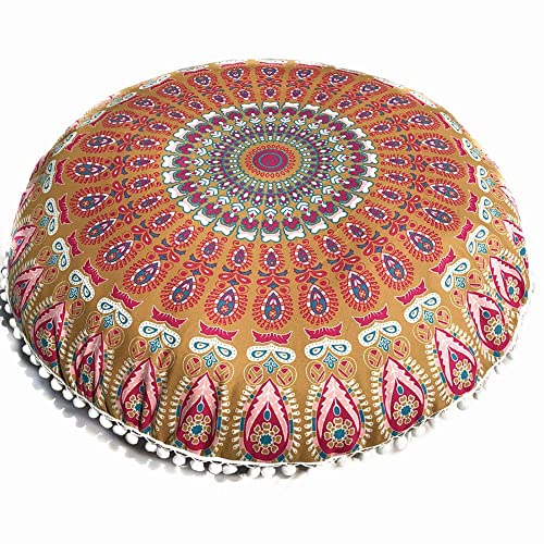 JJ. Accessory Geometric Cushion Cover 80x80cm Round Pillow Case Mandala Floor Pillows Cover Bohemian Meditation Cushion Cover Ottoman Cover Pouf Handmade (Cushion Not Inclued)