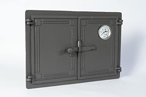 Sezam, Puerta de horno de hierro fundido, puerta doble para horno de pizza de 48 x 32,5 cm, con termómetro de 500 C, horno de pan, cocina de jardín y cámara de ahumado, color grafito