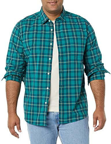Amazon Essentials Men's Long-Sleeve Regular-Fit Stretch Poplin Shirt, Gold Green Checked, X-Large