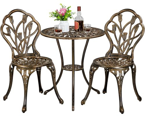 Yaheetech Set da Tavolo e Sedia per Salotto da Giardino, Balcone, Kit da Bistro 2 sedie 1 Tavolo in Lega di Alluminio Bronzo