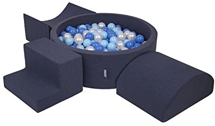 KiddyMoon Spielplatz Aus Schaumstoff Mit Rund Bällebad (200 Bälle) Ballgruben Für Babys Spielbad Hindernisläufen, Hergestellt In Der EU, Dunkelblau:Babyblue/Blau/Perle
