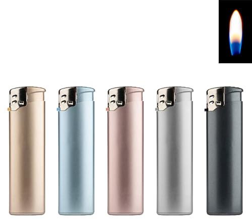 5 Feuerzeuge Metallic Matt Slim Line Feuerzeug mit Normalflamme Soft Flame Gas wiederbefüllbar Flammenstärke regulierbar Pastell Farben