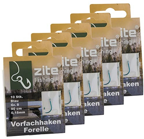Zite Fishing Vorfach-Haken Forelle Gebunden 50 Stück – Größe 8 Angelhaken mit Vorfach-Schnur – Forellenhaken Blau mit Angelschnur