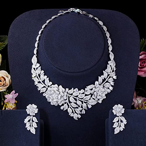 ZEDARO Schmuck Blume Blatt Tropfen Zirkonia Frauen Hochzeit Kostüm Halskette Ohrringe Schmuck-Set für Bräute