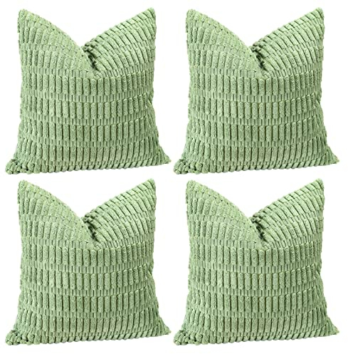 Sungeek Set of 4 Soft Corduroy Decorative Cushion Covers 45x45cm Square Striped Throw Pillow Covers 18x18 Inch for Sofa Couch Living Room Patio Farmhouse Boho Home Decor Pillowcases(Sage Green)