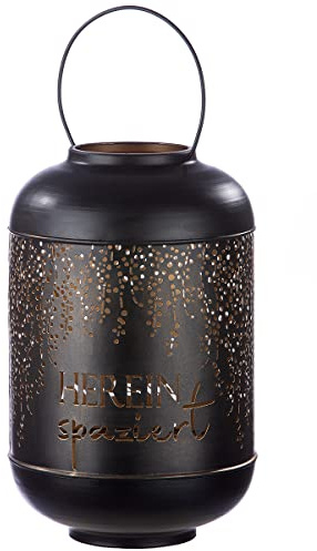 GILDE Laterne XXL - großes Windlicht mit Schriftzug Herein spaziert - Farbe innen Gold/außen schwarz - Ø 24 cm Höhe 50 cm