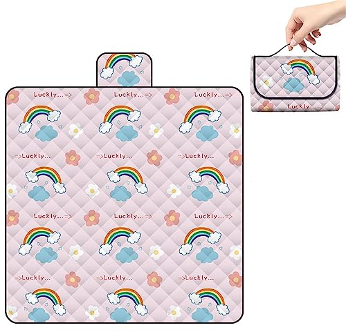 Yoonqun Picknickdecke Wasserdicht 150x100cm,Groß Outdoor Faltbare Picnic Blanket mit Tragegriff,Picnic Decke Waschbar für Camping,Picknick,Wandern,BBQ,Reisen Campingdecke,Rosa Regenbogenwolke