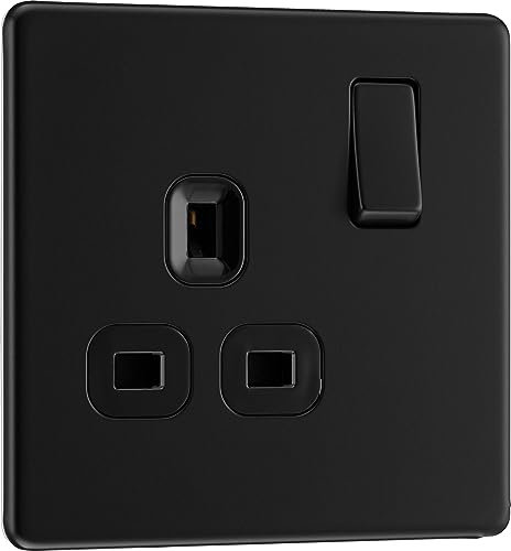 BG Electrical Single Switched Power Plug Wall Socket, Screwless Front Plate, Slim Profile, Premium Flatplate, Matt Black, 13A, FFB21B