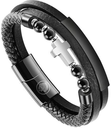 Casisto.J Lederarmband Herren Kreuz Armband - Jesus Christus Kruzifix Männer Armband mit Magnet Verschluss, Geschenk für Papa Sohn Ehemann Bruder Konfirmation