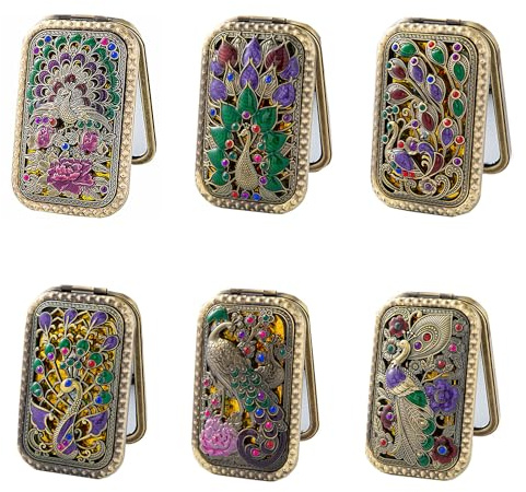 TANG SONG 6PCS Vintage Peacock Pattern Cosmetic Makeup Pocket Purse Magnification Jewel Mirror (6 Different Patterns)