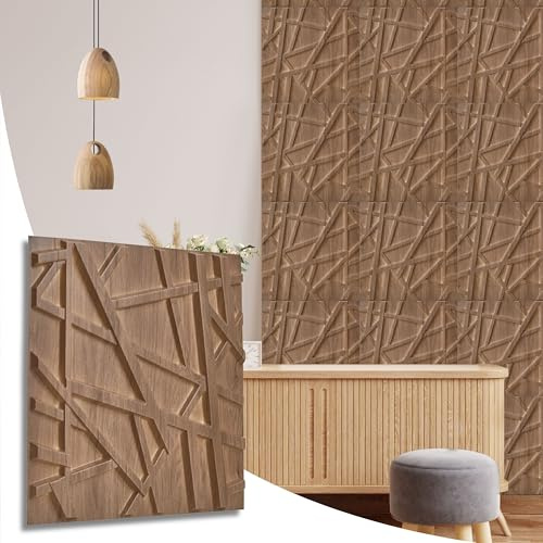 NOVECRAFTO Wooden Matte Effect 3D Wall Panels - 16 Sheets Covering 4 sqm | 43.06 sqf Interior Cladding Panels Set | 3D Wall Tiles Line Design in Matte Wooden - Each Panel Size 19.6 x 19.6
