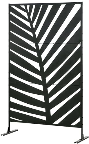Outsunny 6.5FT Decorative Garden Privacy Screen, Banana Leaf Style, Black | Metal Freestanding Outdoor Divider with Stand, Decorative Privacy Panel, Expansion Screws, Garden Pool Hot Tub