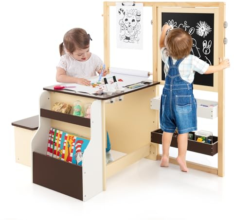 DREAMADE 3 in 1 Kindersitzgruppe, höhenverstellbares Kinder Tisch Stuhl Set mit Strauraum, Papierrolle, Ablagefächer & Bücherregal, Kinder Staffelei Maltisch Set für Kinder ab 3 Jahren (Kaffee)