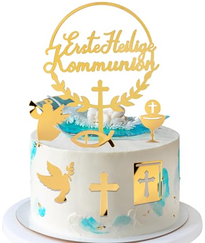 BETESSIN 7pcs Kommunion Cake Topper Erste Heilige Kommunion Kuchen Deko Taufe Torten Topper Acryl Tortendeko Gold Fisch Kreuz Taube Konfirmation Kuchenaufstecker Tortenaufsatz