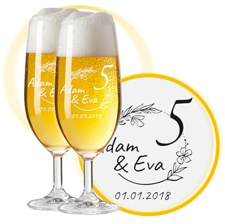 LALALO Biergläser mit Gravur 5. Hochzeitstag (2 St.), Hölzerne Hochzeit Geschenk, Leonardo Pils Biertulpe personalisiert, Jahrestag Holz-Hochzeit (Ringliebe)