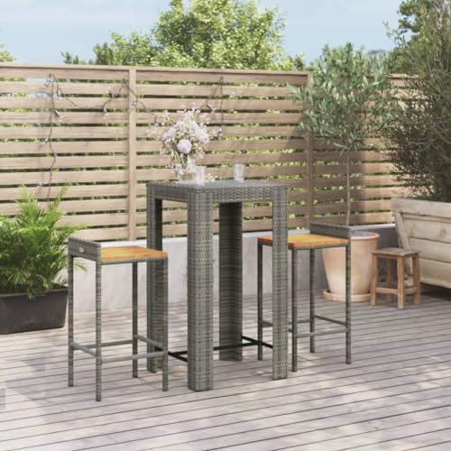 HETFTJN 3-TLG. Gartenbar-Set, Tisch Balkon Balkonstühle Balkon Tisch Und Stühle Garten Essgruppe Geeignet für Balkon Garten Wenig Platz Außen Grau Poly Rattan & Massivholz Akazie