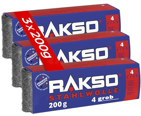 RAKSO Stahlwolle grob 4-600 g, 3 Banderolen à 200g, entfernt Öl, Fett auf Metall, reinigt Natur, Kunststein, anschleifen von altem Holz