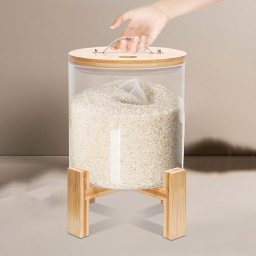 VLRBFDOI Clear,Flour and Cereal Container, Glass Rice Dispenser, Creative Glass Food Storge Container for Kitchen Organization and Pantry Store, Airtight Lid and Wooden Stand