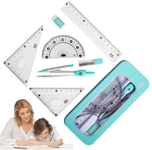 7-teiliges Mathematik-Set, Geometrie-Winkelmesser Und Zirkel-Set, Lern-, Zeichen- Und Messwerkzeug-Set Mit Linealen, Zirkel, Bleistiftmine, Radiergummi, Aufbewahrungskoffer