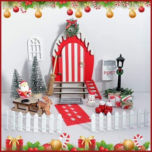 GlauStalos Wichteltür Set, Wichtel Zubehör Weihnachten, Geschenke Wichtel Zubehör für Weihnachtsdeko, Kleine Geschenke für Verwandte und Freunde, Wichteltüren Set mit Briefkästen, Zäun, Kranz