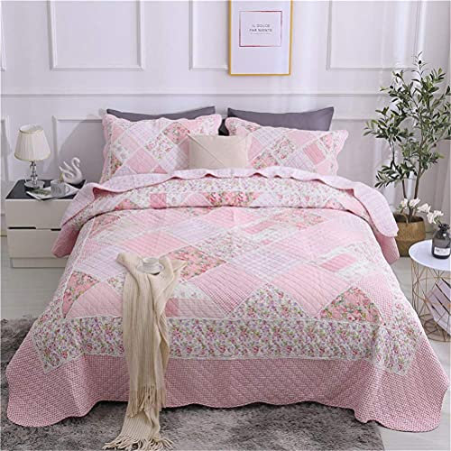 QUSYZD 3-teiliges gestepptes Vintage-Patchwork-Tagesdecken-Überwurf-Set inklusive 1 rosa Tagesdecke, 2 Bettdecken und Kissenbezügen für Kingsize-Betten,
