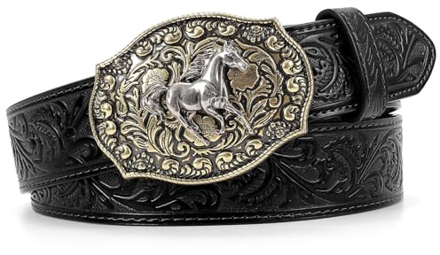 SANSTHS Ceintures de cowboy pour homme et femme - Boucle western - Ceinture en cuir embossé pour jeans - Cadeaux de Noël, for Waist 33-37