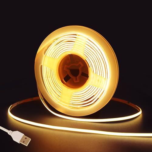 Fosingut COB LED Streifen 3m,5V USB LED Strip Warmweiss,4mm 3000K CRI 90+ 480 LEDs/m Lichtleiste LED Band Selbstklebend Stripes für Küche,TV LED Hintergrundbeleuchtung,Spiegel,PC,Schlafzimmer