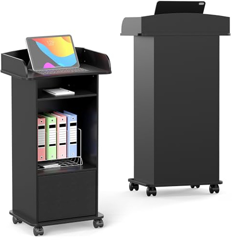 tonchean Wooden Lectern Podium Stand 1PCS Pulpits Standing Desk on Wheels Podium Stand with Storage Shelf Speech Desk Host Stage for Church Conference Auditorium Seminar School Office Furniture