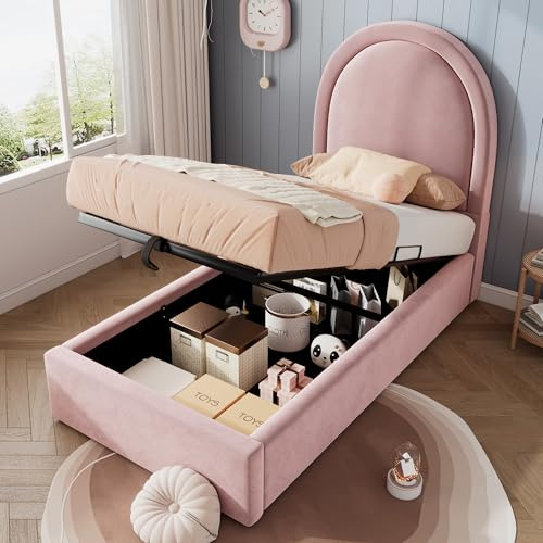 Kayan Polsterbett Kinderbett 90x200 cm, Jugendbett Einzelbett für Jungen und Mädchen, Bett mit Lattenrost aus Holz, stauraumbett Hydraulisches Bettgestell, Ohne Matratze (Rosa, 90 x 200 cm)