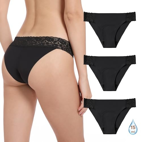OEIOEI Period Pants Light Flow Lace Trim Hipster Menstrual Underwear 3 Pack | Washable Leak Proof Knickers, Reusable High Leg Protective Briefs, Low Rise, Tag-free, At the Beginning and End of Periods