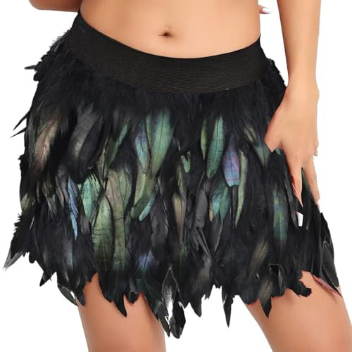 RabenKostüm Rock Damen Schwarz| Sexy Federrock Minirock|Feder Rock Unteren Halben Rock Mittlere Taille Mini A line Rock Rave Wear für Faschingskostüme Grosse Grössen Pfauen Kostüm