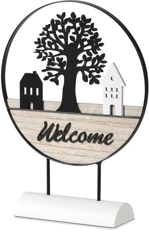 QILICZ Welcome Dekorationsschild Dekokranz mit Lebensbaum und schwarz-weißes Haus stehend personalisiert Herzlich Willkommen Dekokranz ø24x32cm als Geschenk und Dekoration