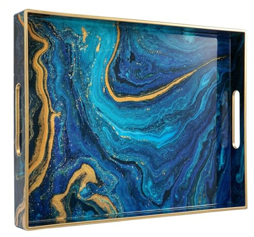 Heaven4you Plateau de service décoratif de luxe bleu et doré avec motif marbre abstrait, finition brillante et bordure dorée | Organiseur élégant ou plateau alimentaire pour table basse, bar ou salle