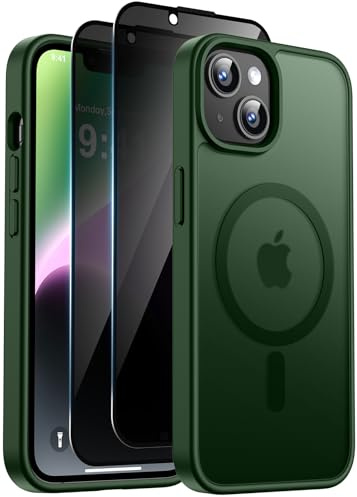 Helssitot Magnetisch Handyhülle für iPhone 13/iPhone 14 Hülle Kompatibel mit MagSafe mit 2 Stück Sichtschutz Schutzfolie, [Nie Vergilbung] Hard PC Kratzfest Stoßfest Schutzhülle - Grün