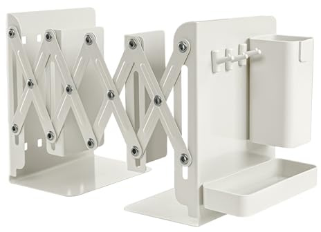 Reggilibri Regolabili, Reggilibri Con Un Portapenne un Contenitore e 3 Ganci, Fermalibri in Metallo Antiscivolo per Libri, Scrivania,Scuola, Riviste, per Ufficio, Biblioteca (bianco)