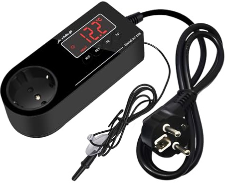Thermostat Steckdose mit Fühler,Temperaturregler 230V mit Fühler | Thermostat Steckdose mit Fühler für Gewächshaus,Aquarium,Terrarium,Reptilien (EU)