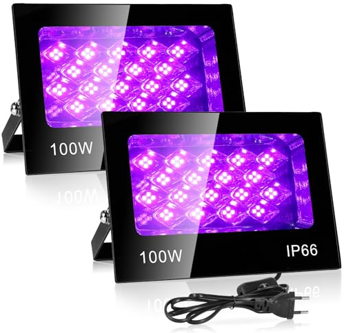 VAYALT 2 st 100 W UV-svart ljus, IP66 vattentät svart LED-lampa, 395–405 nm ultraviolett, svart ljus, för fluorescerande fest, kroppsmålning, disco, bar, akvarium, halloween, scenbelysning