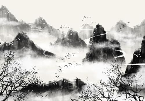 Papel Pintado Zen Fotomurales Tapiz Fotográfico 3d Contextual Abstracto De Tinta En Blanco Y Negro Paisaje Pájaros Mural 300cmx210cm Decoración Dormitorio Sala Estar Papel Pintado