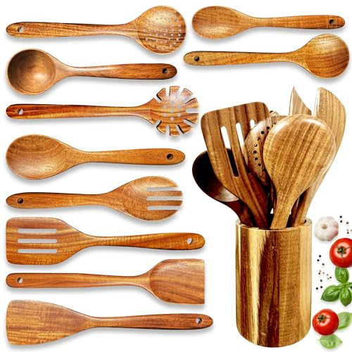 Home Hero 11-Piece Teak Wooden Utensil Set - Non-Scratch Cooking Utensils | Natural Teak Wooden Cooking Utensils - Heat-Resistant, Non-Scratch with Wooden Utensils Holder (11-Piece)