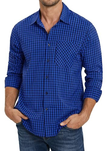 Enlision Herrskjorta, rutig, långärmad skjorta, normal passform, fritidsskjorta, traditionell skjorta, check buttondown skjortor med ficka för Oktoberfest karneval, Kungsblå och svart, XL
