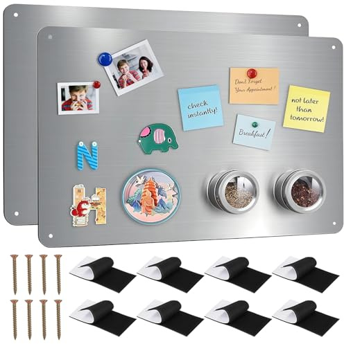 2 Pcs Strong Force Memo Boards, Stainless Steel Panel for Wall, Memorandum Board with Strong Attachment for Refrigerator, Self-Adhesive No Drill Mount, Kitchen Home Office, Easy Wipe Surface
