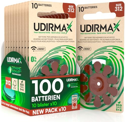 100 Pilas para Audífonos Tamaño 312 Udirmax PR41 Zinc-Aire Marrones con Tecnología Dynamic Sonar Eco Pack - 10 Blísteres Ecológicos de 10 Pilas