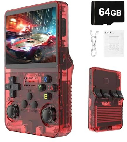 Syzplnwy R36S Console di gioco portatile retrò con schermo IPS da 3,5 pollici, batteria da 3500 mAh, scheda TF da 64 GB, oltre 15.000 giochi, sistema Linux open source per adolescenti e adulti, rosso