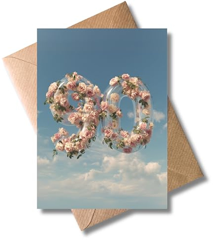 WBdesignz schöne florale Geburtstagskarte mit Umschlag - 90 Jahre - Happy Birthday 90. Geburtstag - Blumen Ballon neunzig - Glückwunschkarte Gratulation - Für Frauen Oma Mama (DIN A6)