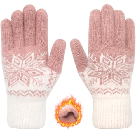 Lång behållare vinterhandskar för kvinnor män damer termiska varma handskar tjock fodrad fleece snö stickad handske kaninpäls mjuka damhandskar & vantar, Puderrosa, en storlek