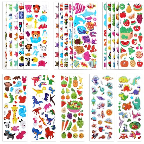 20 Sheets Puffy 3D Stickers for Kids & Toddlers, Variety Adhesive Sticker | Includes Animals Numbers Letters Fruits for Scrapbooking Journal Water Bottle DIY Craft (Boy Style)
